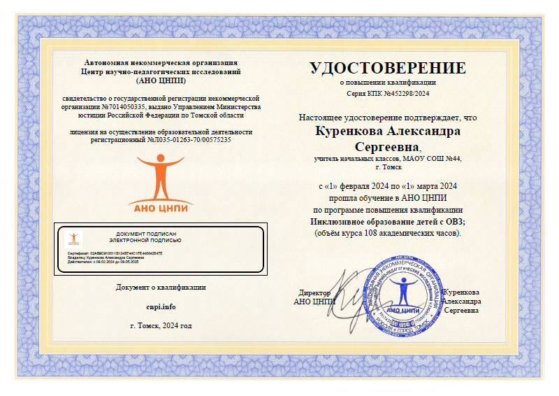 Образец электронного удостоверения о повышении квалификации (документ о квалификации)